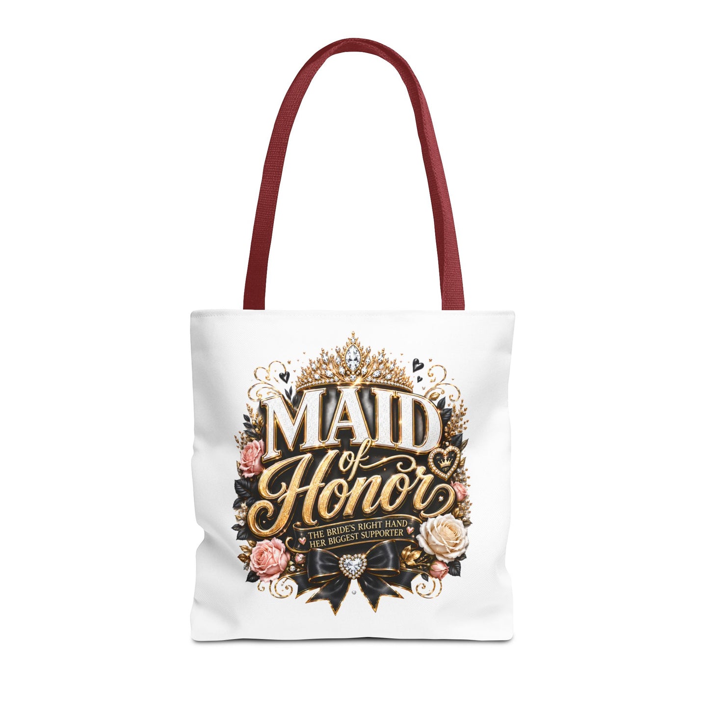 Maid of Honor Tote Bag — Elegant Bridal Party Gift with Gold Crown Floral Design