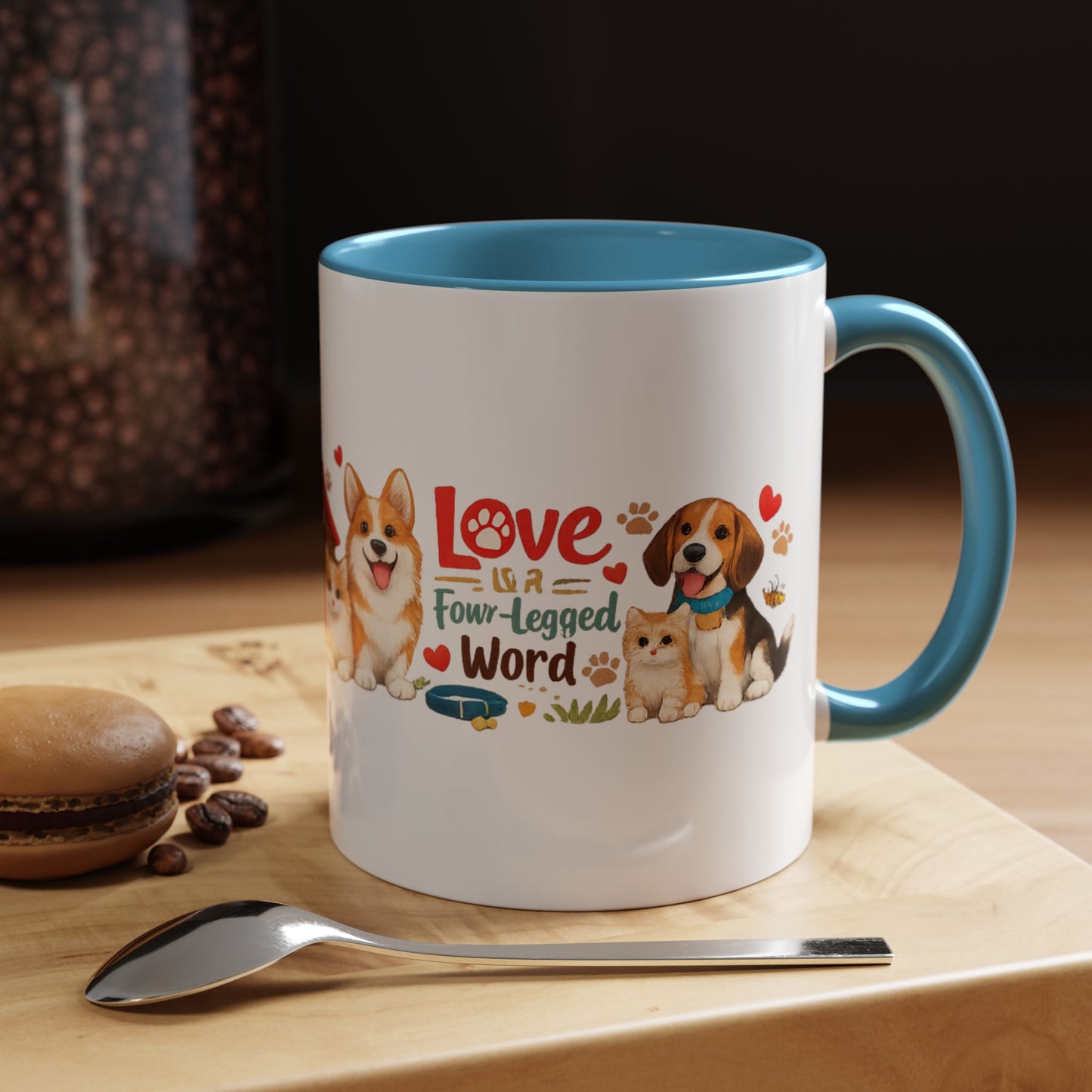 Dog Lover Accent Coffee Mug — “Love is a Four-Legged Word” Ceramic Gift