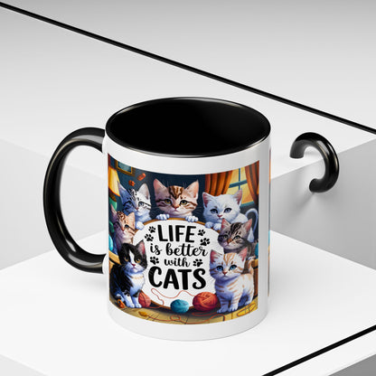 Life Is Better With Cats Accent Coffee Mug – Cute Kitten Cat Lover Gift (11/15oz)