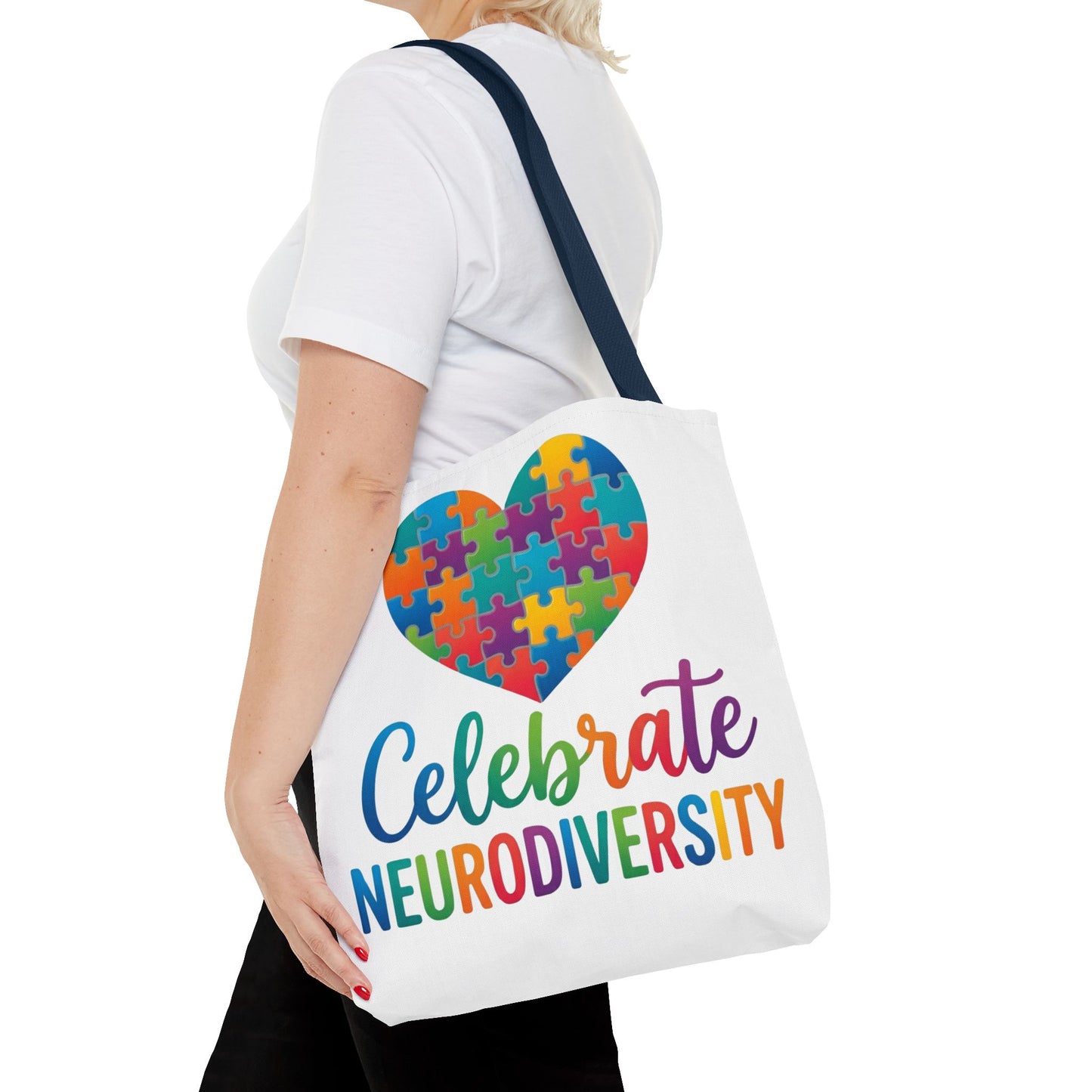 Celebrate Neurodiversity Tote Bag – Rainbow Puzzle Heart Awareness Tote