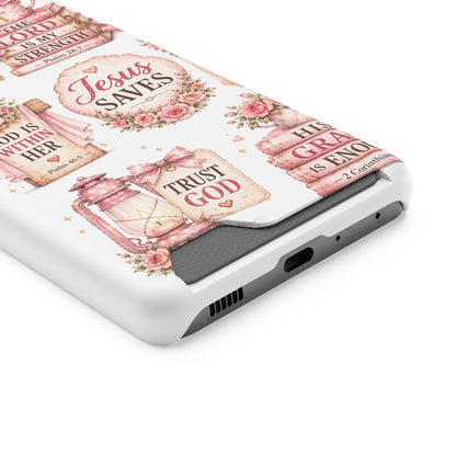 Christian Floral Phone Case with Card Holder — 'Jesus Saves' Inspirational Design