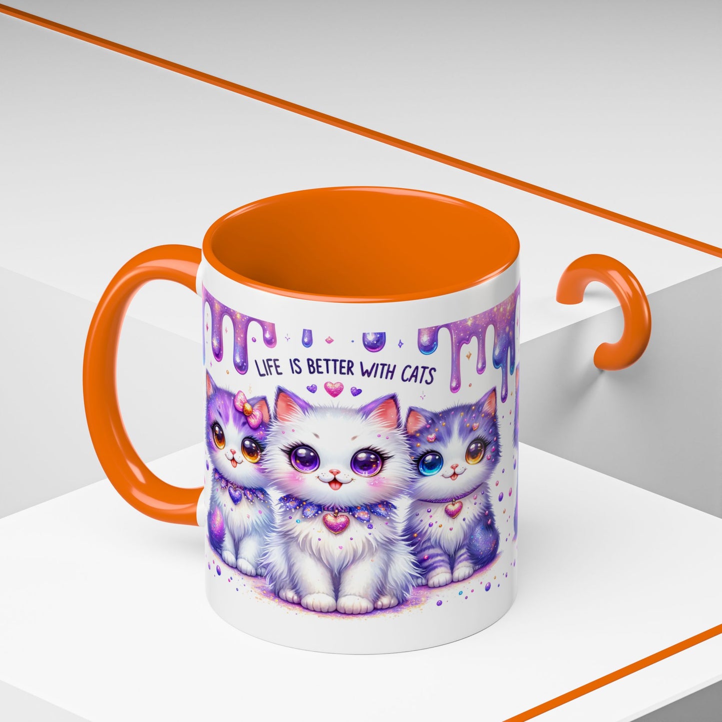 Cute Purple Kawaii Cats Accent Coffee Mug – "Life Is Better With Cats" (11/15 oz)