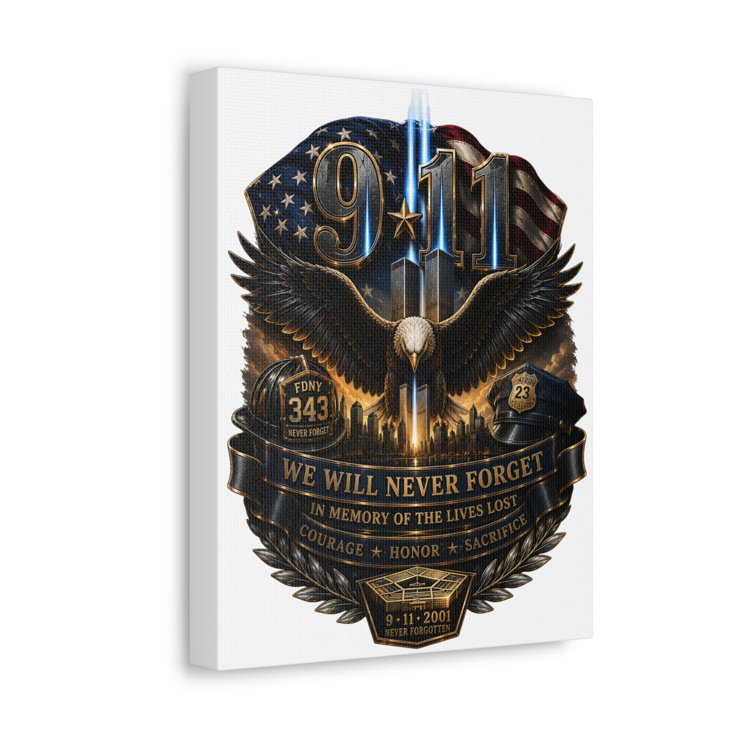9/11 Memorial Stretched Canvas – We Will Never Forget Tribute Wall Art