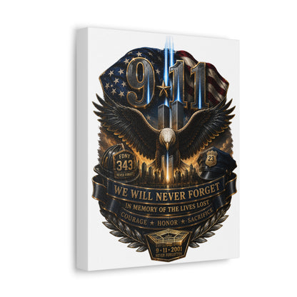 9/11 Memorial Stretched Canvas – We Will Never Forget Tribute Wall Art