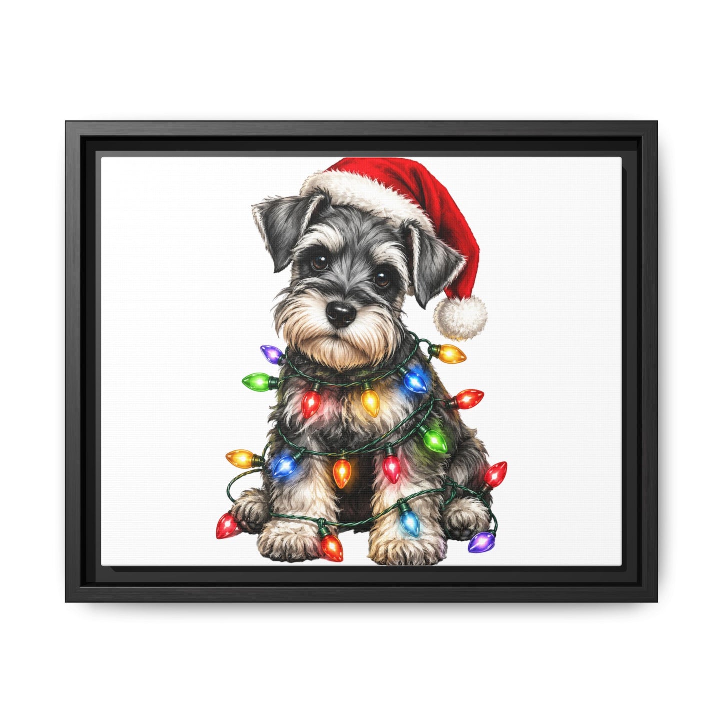 Holiday Schnauzer Canvas Print — Framed Matte Wall Art with Christmas Lights