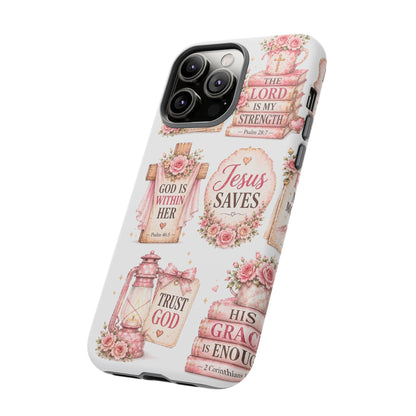 Christian Phone Case — Jesus Saves Floral Tough Case with 'God Is Within Her' & 'Trust God' Design