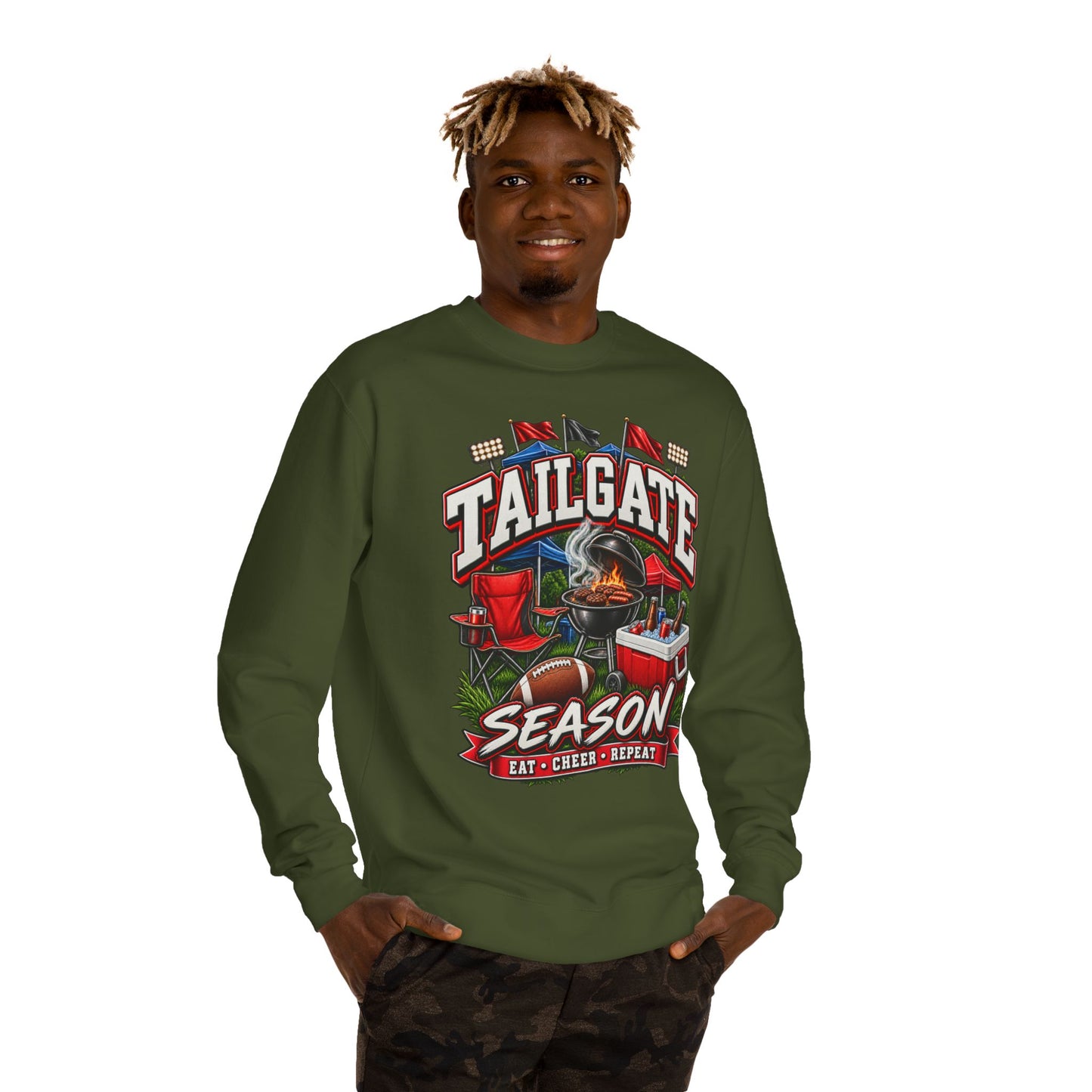 Tailgate Season Sweatshirt — "Eat • Cheer • Repeat" Football Tailgating Crewneck