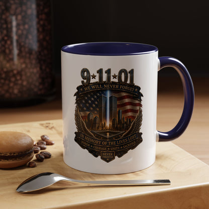 9/11 Memorial Coffee Mug — 'We Will Never Forget' Tribute Accent Mug