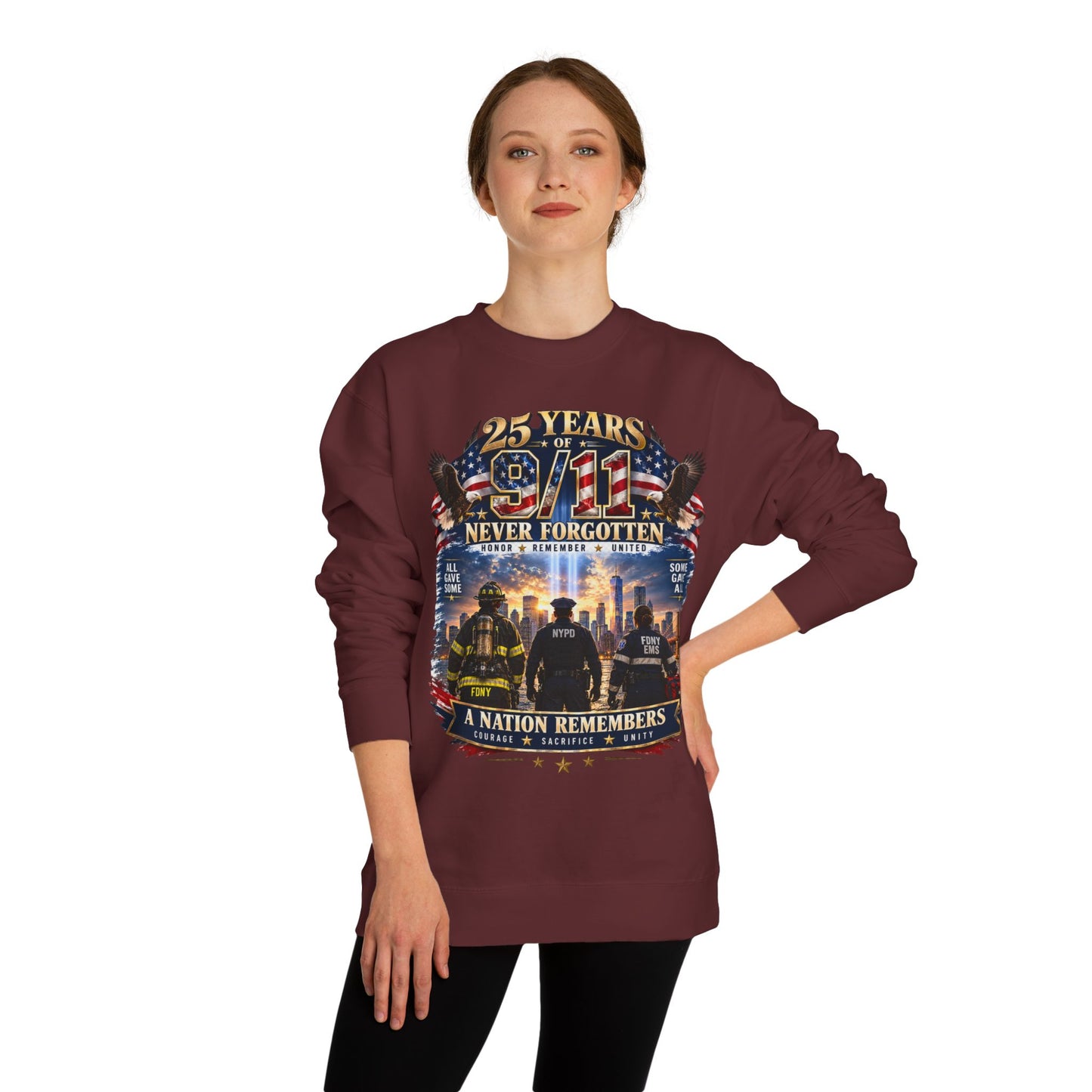 9/11 Never Forgotten Crewneck Sweatshirt — 25 Years Memorial Tribute