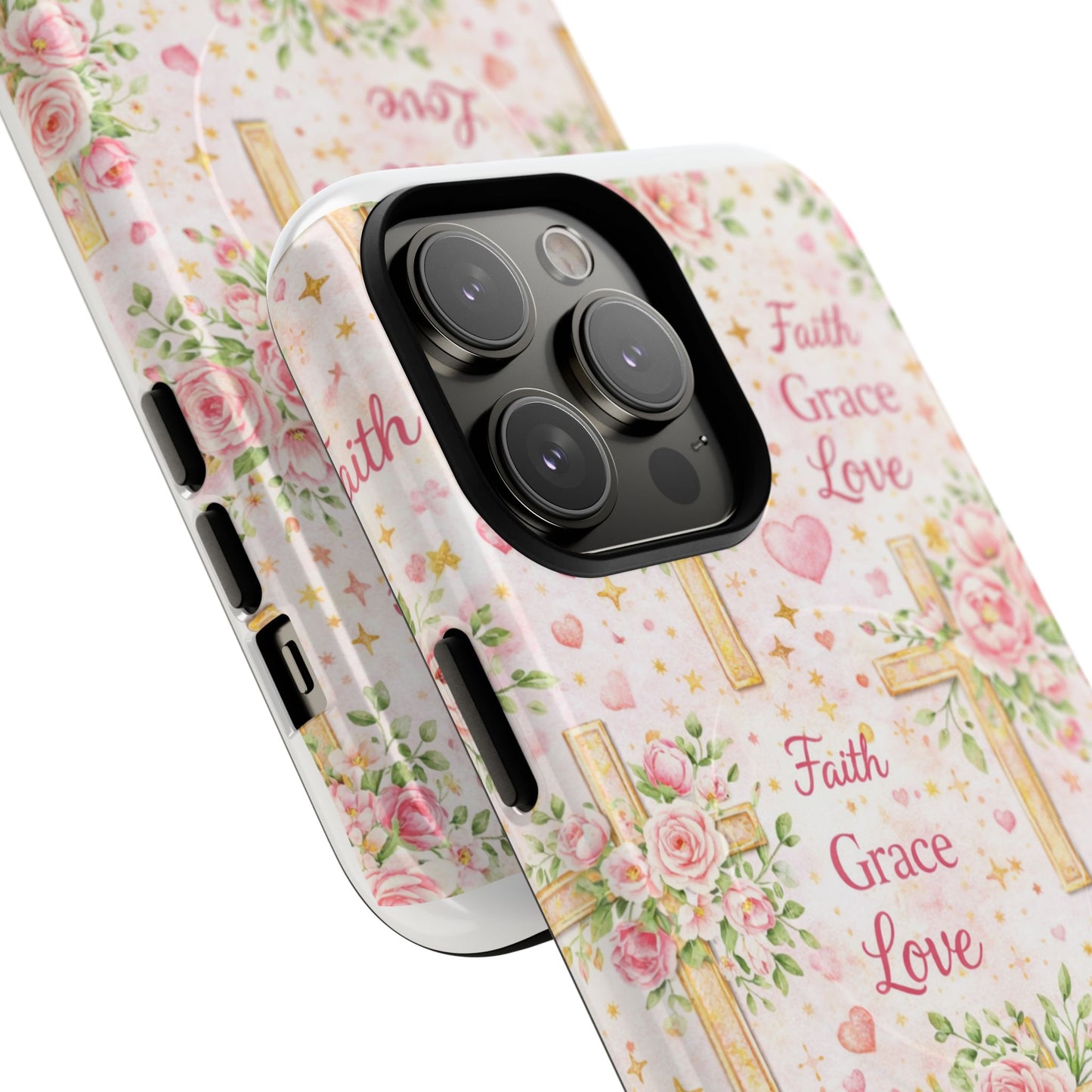 Christian Floral Cross Phone Case — "Faith Grace Love" Tough Magnetic Case