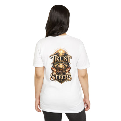 Trust He Steers T‑Shirt — Christian Faith Nautical Steering Wheel Design