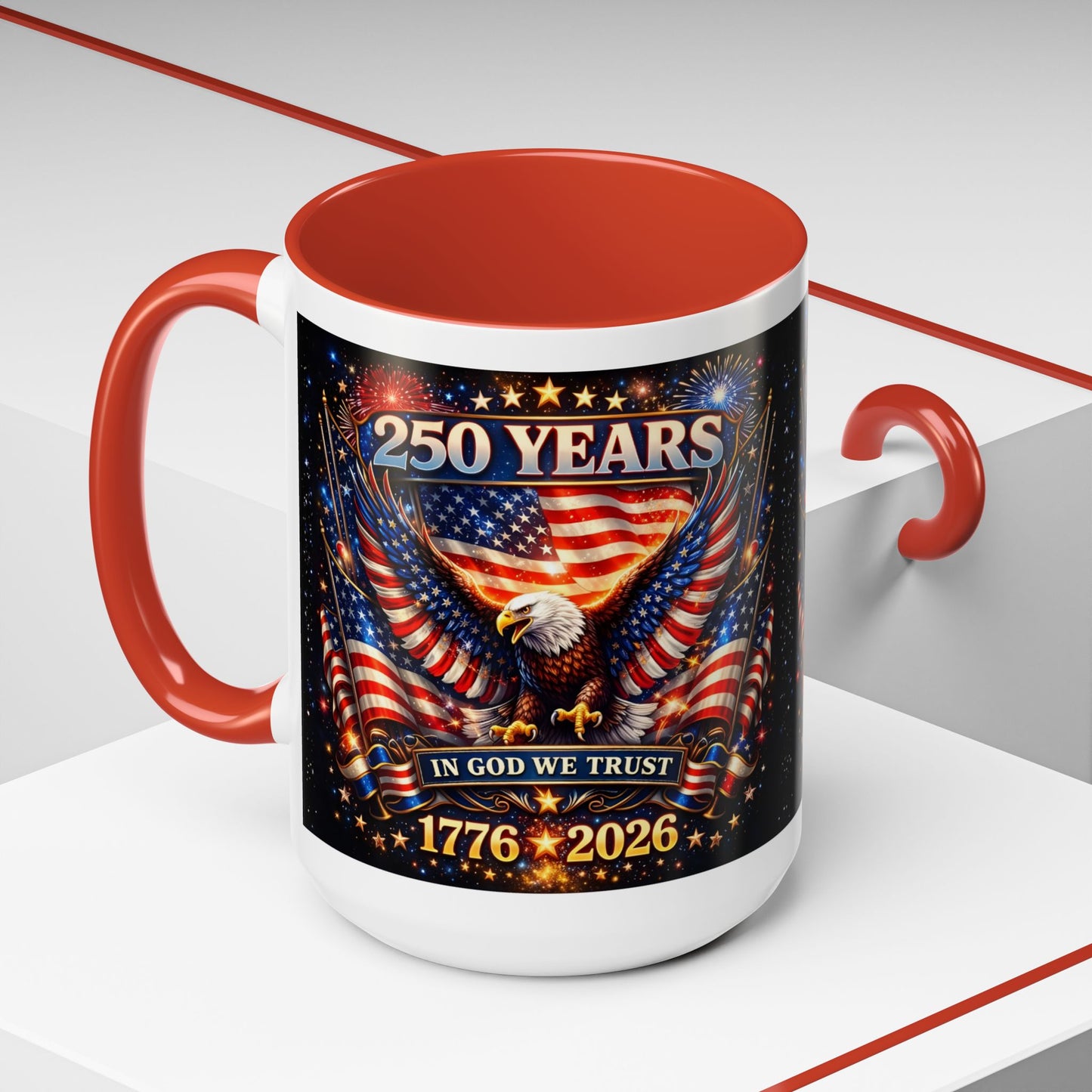 250 Years 1776–2026 Eagle American Flag Accent Coffee Mug — Patriotic Independence Day Gift (11/15oz)