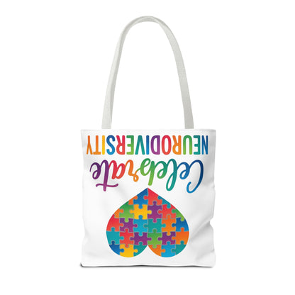 Celebrate Neurodiversity Tote Bag – Rainbow Puzzle Heart Awareness Tote