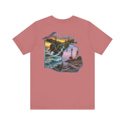 Michigan Scenic Map T-Shirt — Great Lakes Lighthouse Sunset Tee