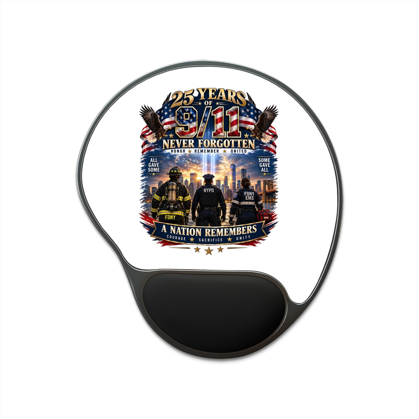 9/11 Remembrance Mouse Pad with Wrist Rest — '25 Years Never Forgotten' Memorial Design