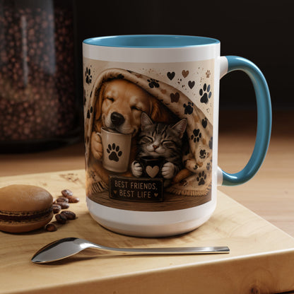 Dog and Cat Coffee Mug – "Best Friends, Best Life" Accent Tea Cup (11/15oz)
