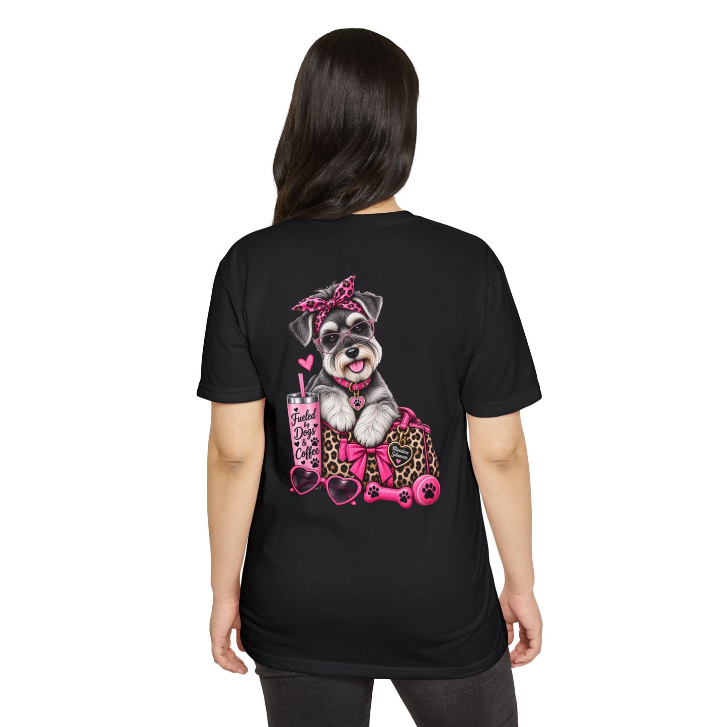 Schnauzer Fashion Tee — Cute Dog with Leopard Bag & 'Faith, Dog, Coffee' Design