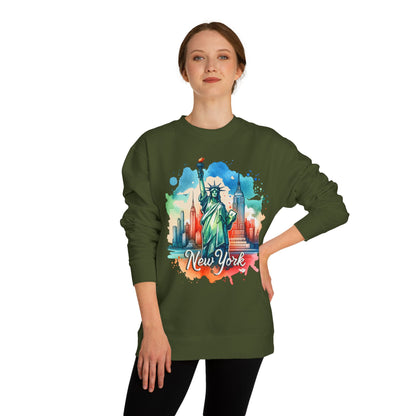 New York Skyline Sweatshirt — Colorful Statue of Liberty Cityscape Crewneck