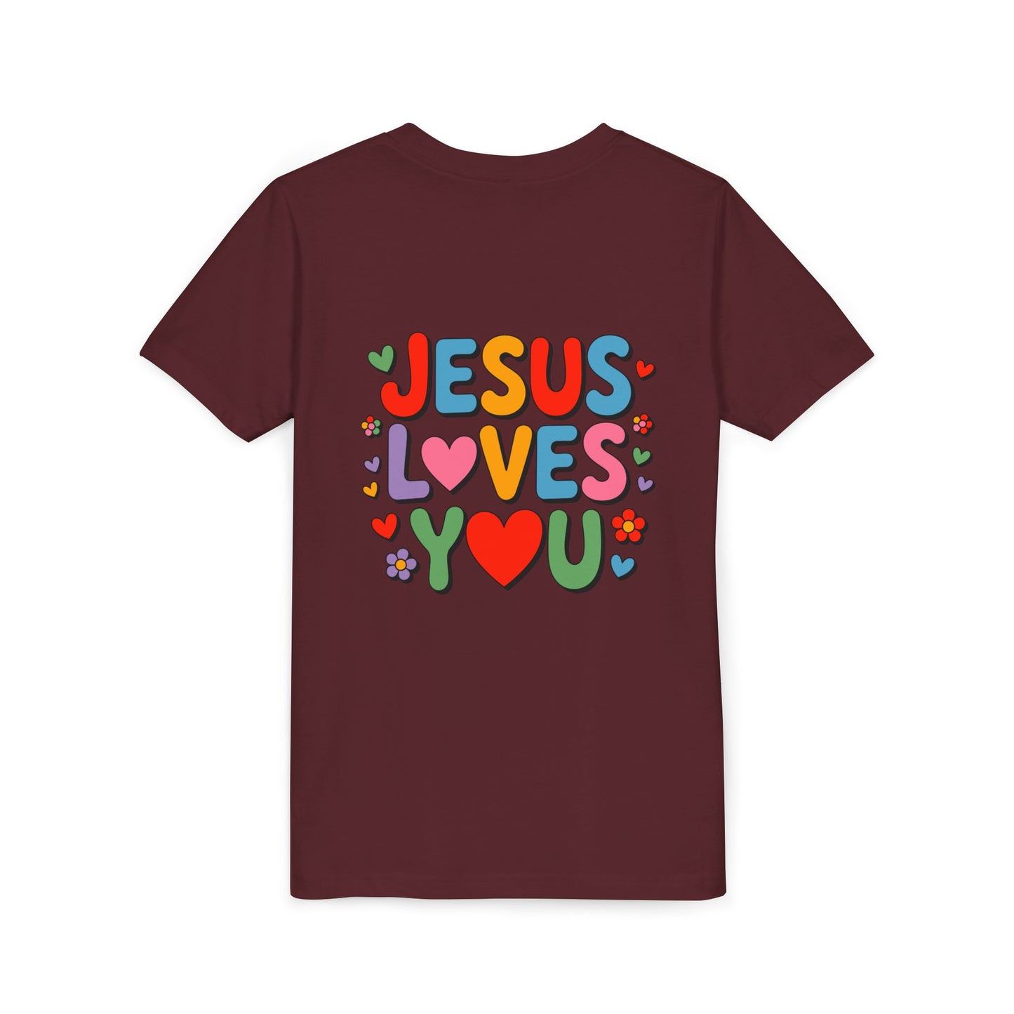 Youth Tee - "Jesus Loves You" Colorful Heart & Flower Christian Shirt