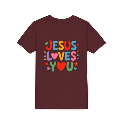 Youth Tee - "Jesus Loves You" Colorful Heart & Flower Christian Shirt