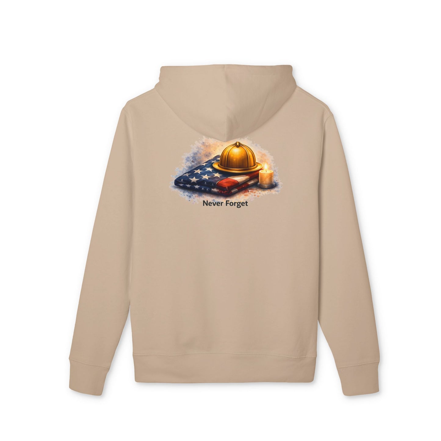 9/11 Never Forget Hoodie — Firefighter Helmet & Flag Tribute