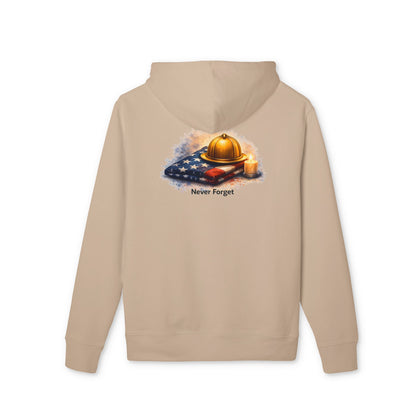 9/11 Never Forget Hoodie — Firefighter Helmet & Flag Tribute