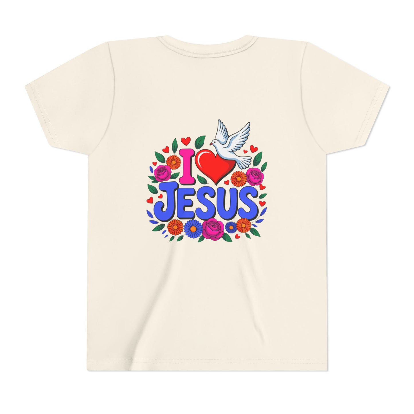 Youth Tee — "I  Jesus" Colorful Dove & Floral Christian Shirt