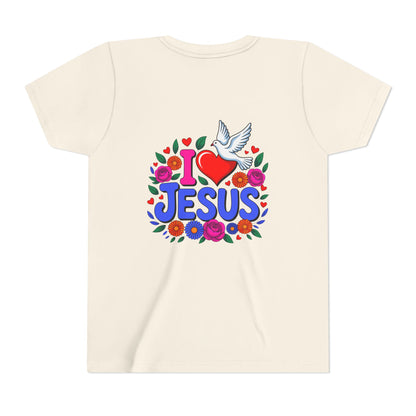 Youth Tee — "I  Jesus" Colorful Dove & Floral Christian Shirt