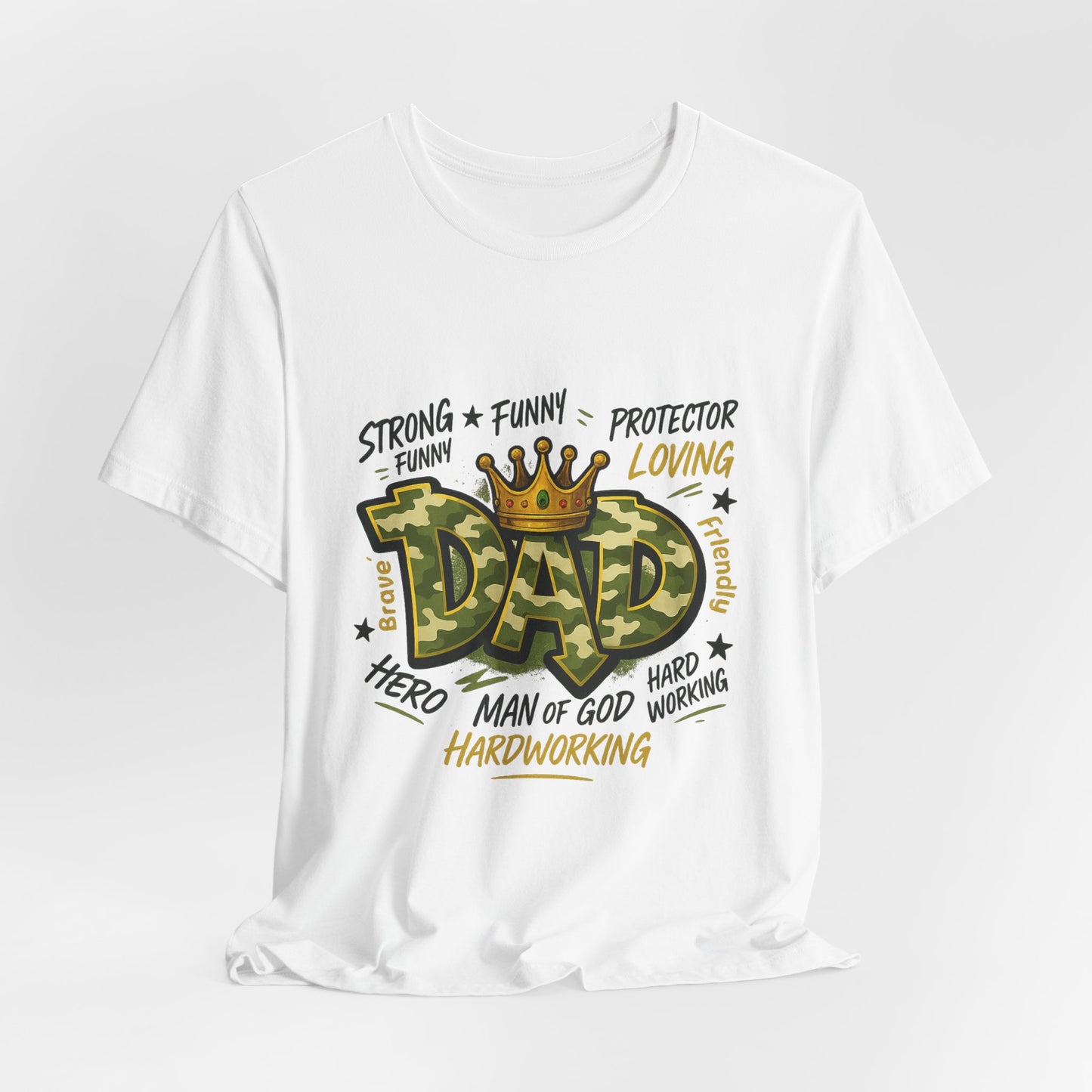 Dad Camo Crown T-Shirt — 'DAD' Graphic with 'Man of God, Hardworking' Father's Day Tee