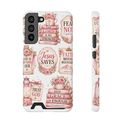 Christian Phone Case with Card Holder — 'Jesus Saves' Floral Scripture Design