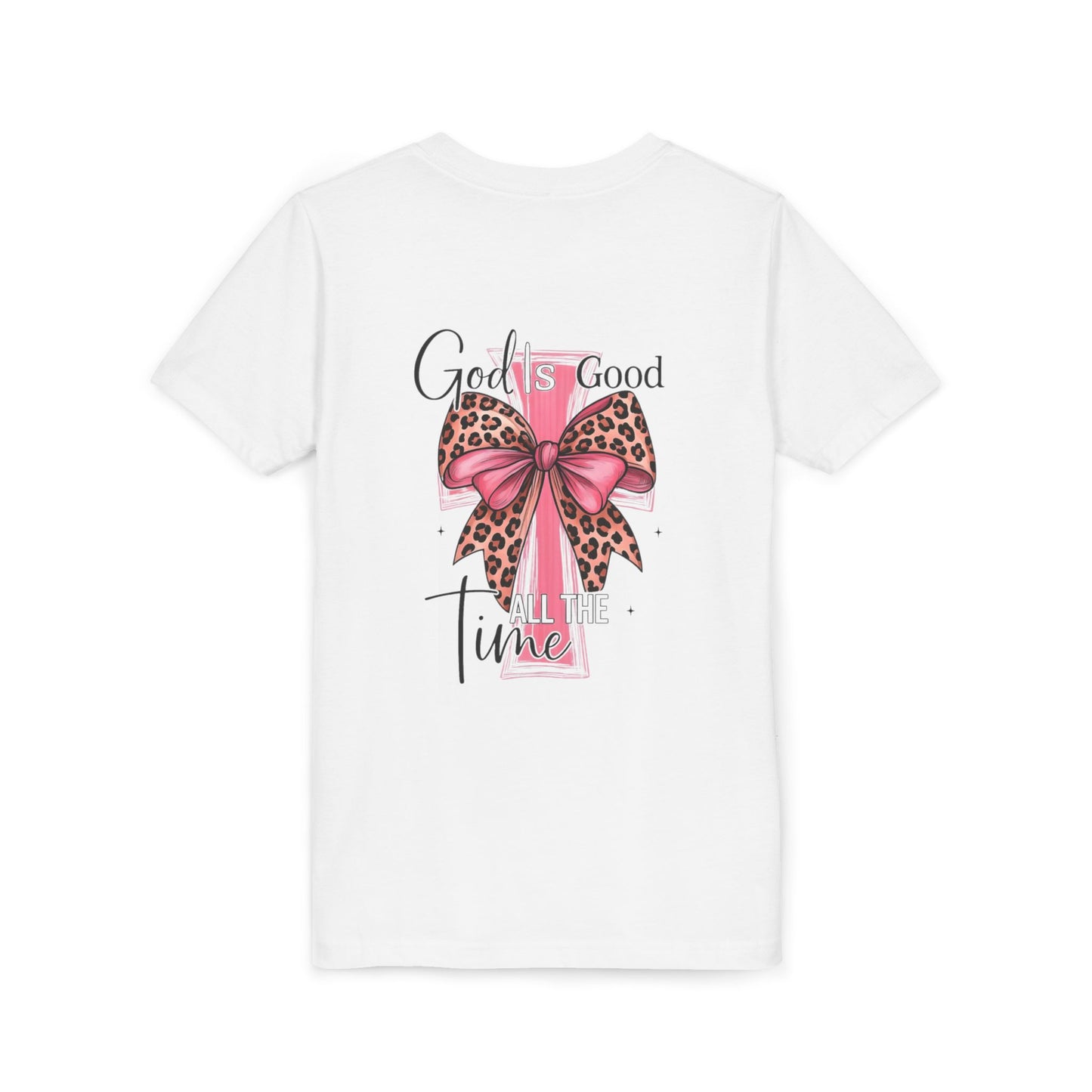 Youth Tee — "God is Good All the Time" Pink Cross with Leopard Bow