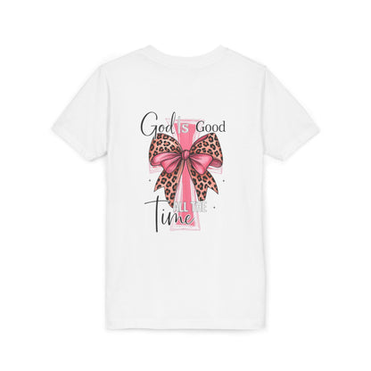 Youth Tee — "God is Good All the Time" Pink Cross with Leopard Bow