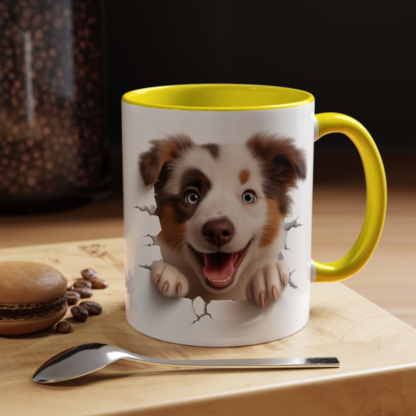 Australian Shepherd Peeking Coffee Mug — Cute Puppy Accent Mug (11/15oz)