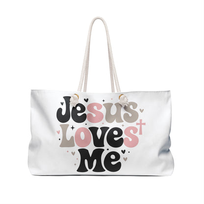 Jesus Loves Me Weekender Bag – Christian Travel Tote with Pink Retro Hearts