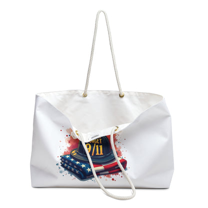 Never Forget 9/11 Memorial Weekender Bag - Patriotic Firefighter Helmet & Flag Tote