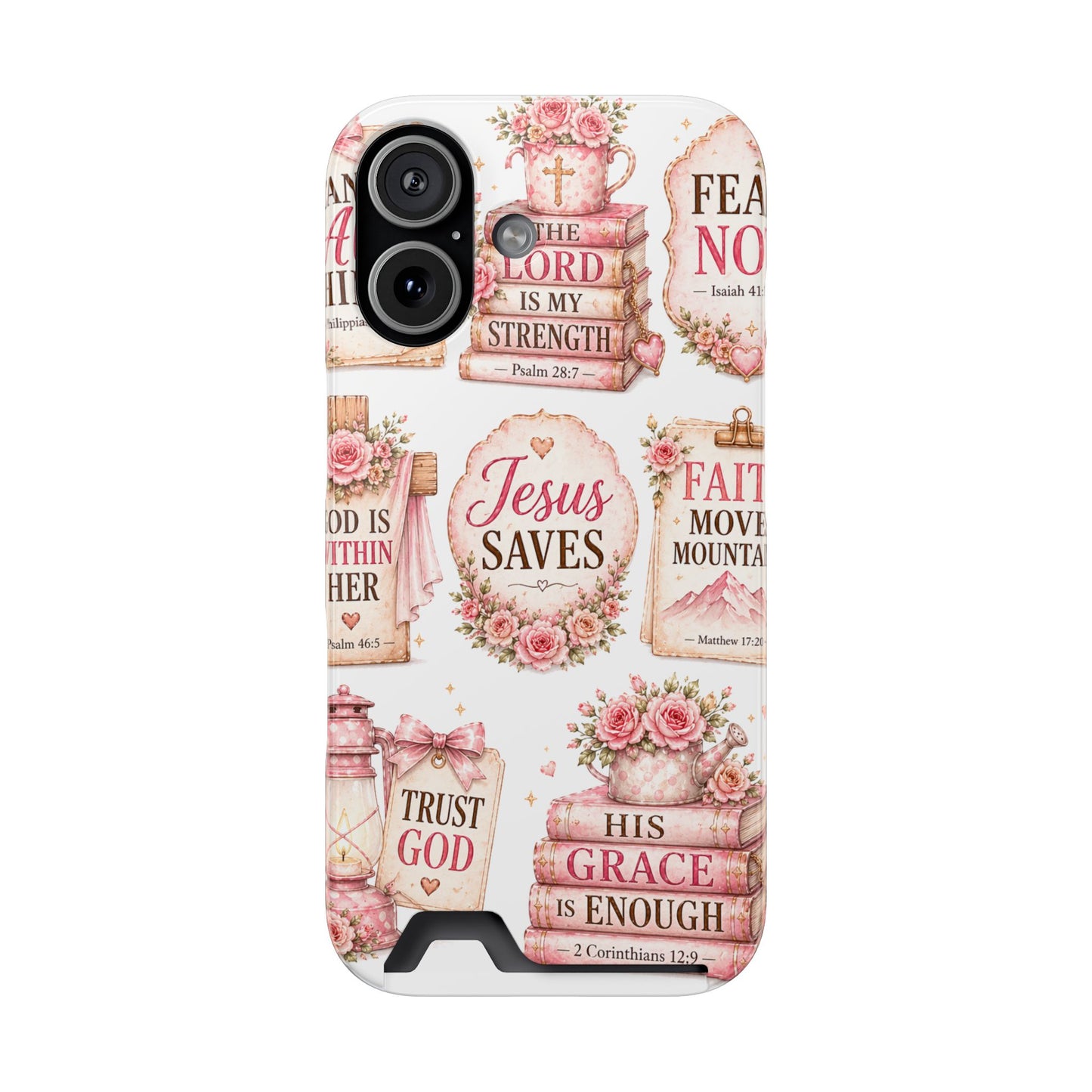 Christian Phone Case with Card Holder — 'Jesus Saves' Floral Scripture Design