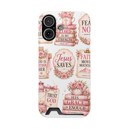 Christian Phone Case with Card Holder — 'Jesus Saves' Floral Scripture Design