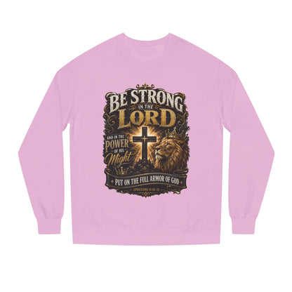 Christian Crewneck Sweatshirt — “Be Strong in the Lord” Cross & Lion Faith Pullover