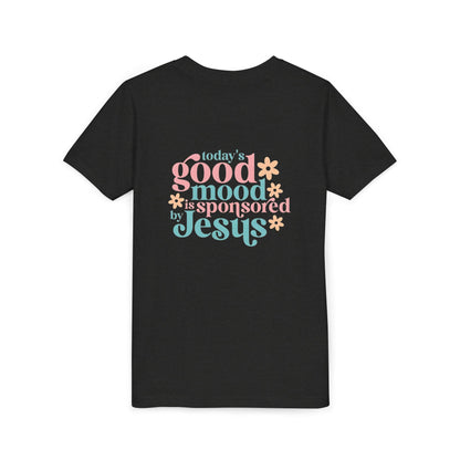 Youth Tee – "Today's Good Mood is Sponsored by Jesus" Retro Floral Christian Shirt