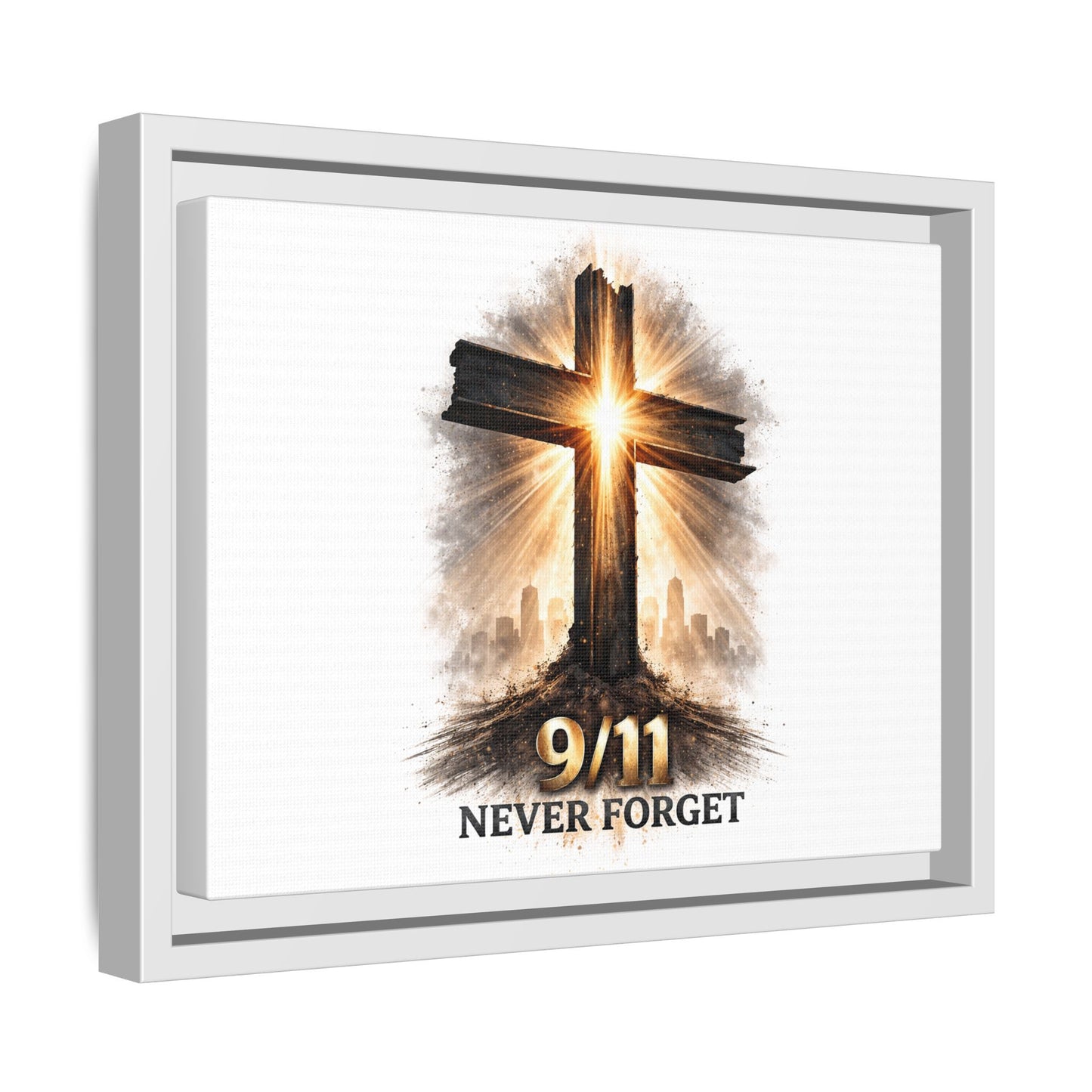 9/11 Never Forget Framed Canvas Wall Art — Memorial Cross Tribute