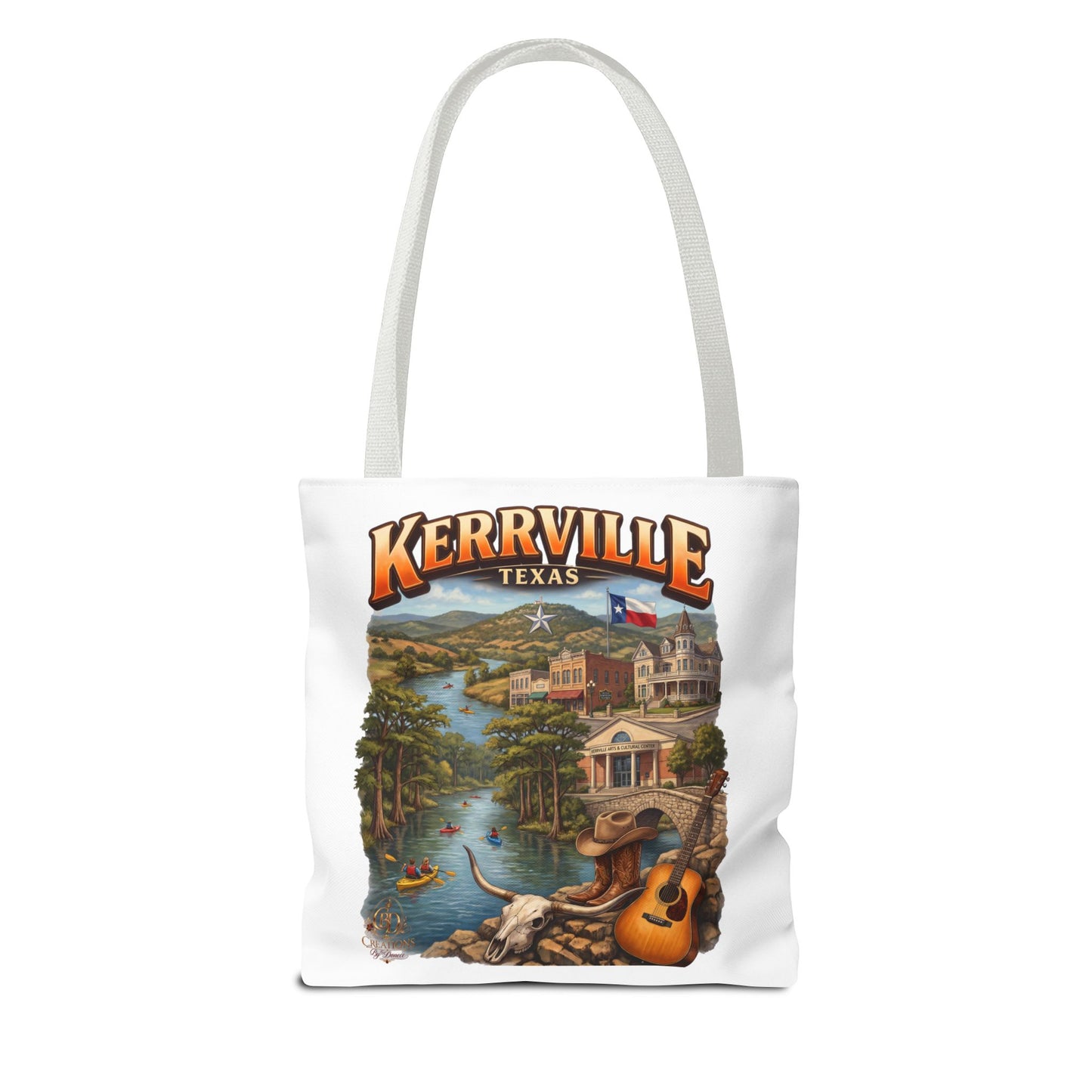 Kerrville Texas Scenic Tote Bag — River, Guitar & Hill Country Souvenir