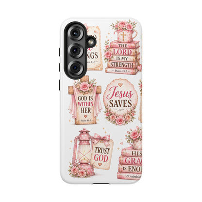 Christian Phone Case — Jesus Saves Floral Tough Case with 'God Is Within Her' & 'Trust God' Design