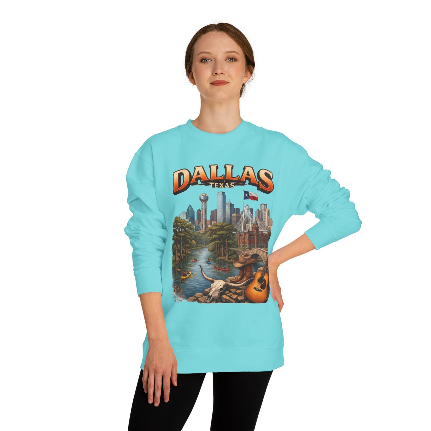 Dallas Skyline Crewneck Sweatshirt — Texas Cityscape & Acoustic Guitar Design