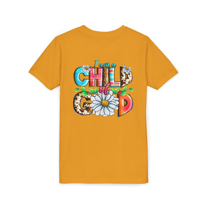 Youth Tee — "I Am a Child of God" Floral Christian Graphic
