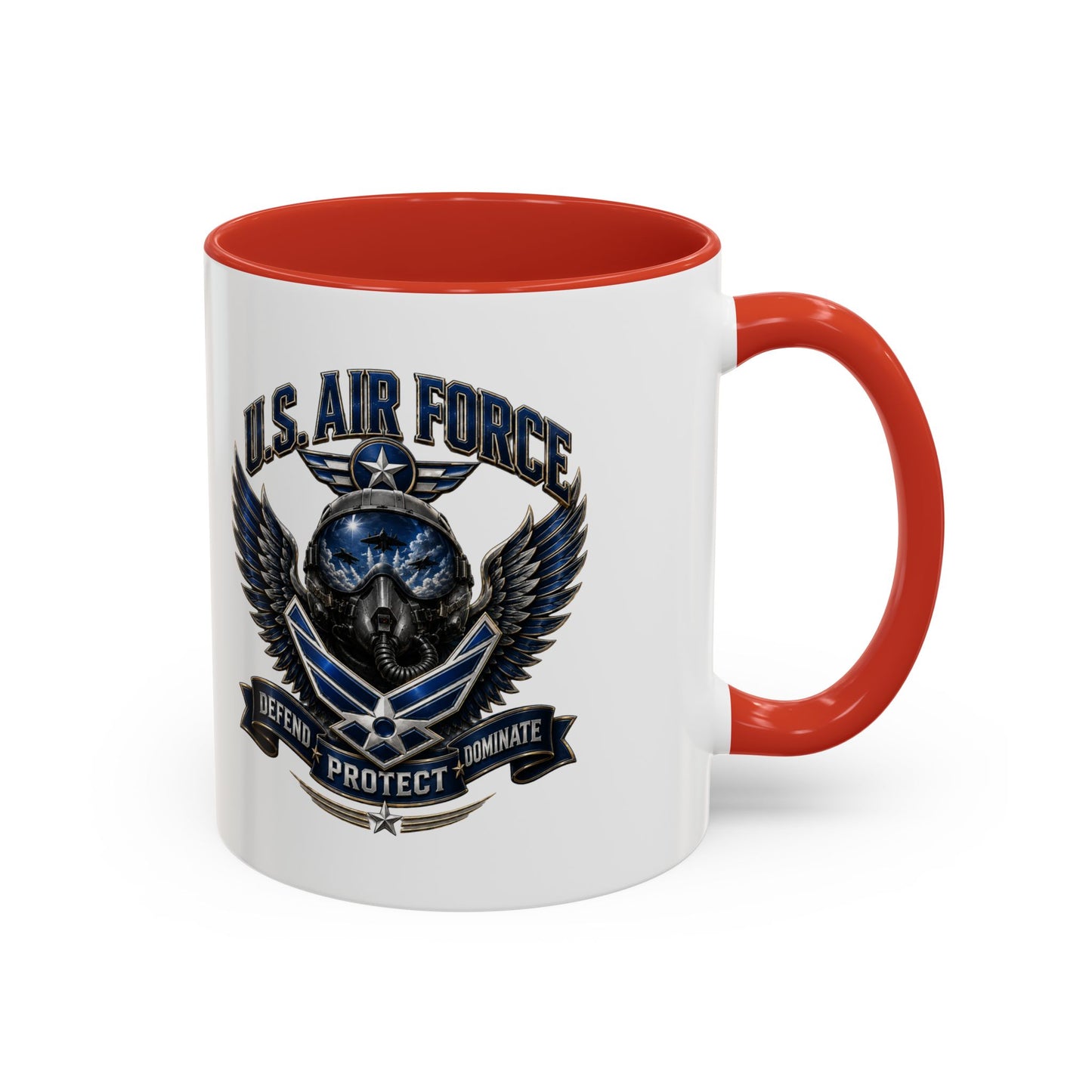 U.S. Air Force Emblem Accent Coffee Mug — Defend Protect Dominate (11/15oz)