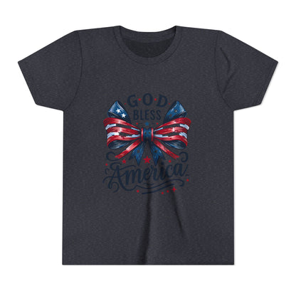 Youth Tee — "God Bless America" Patriotic Bow T-Shirt (4th of July, Memorial Day)
