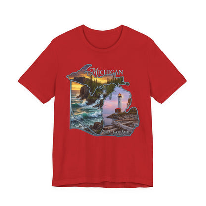 Michigan Scenic Map T-Shirt — Great Lakes Lighthouse Sunset Tee
