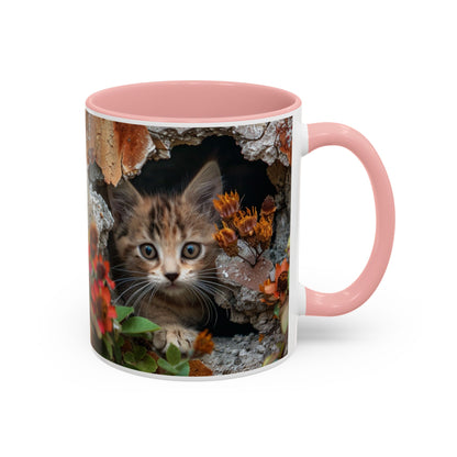 Cute Kitten Peek Accent Coffee Mug — Tabby Cat Floral 11/15oz