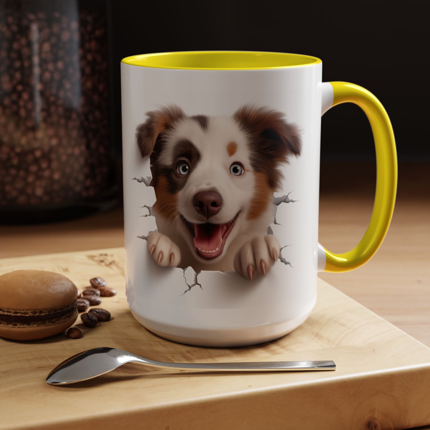 Australian Shepherd Peeking Coffee Mug — Cute Puppy Accent Mug (11/15oz)
