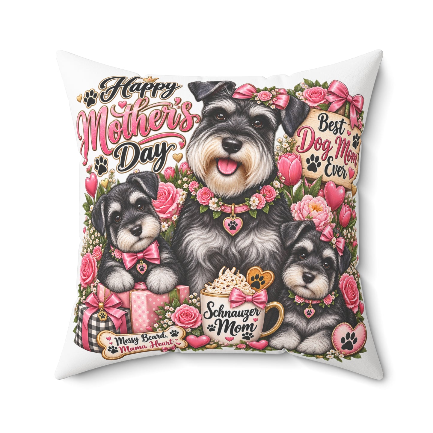 Mother’s Day Schnauzer Pillow — "Happy Mother’s Day" Dog Mom Decorative Throw Pillow